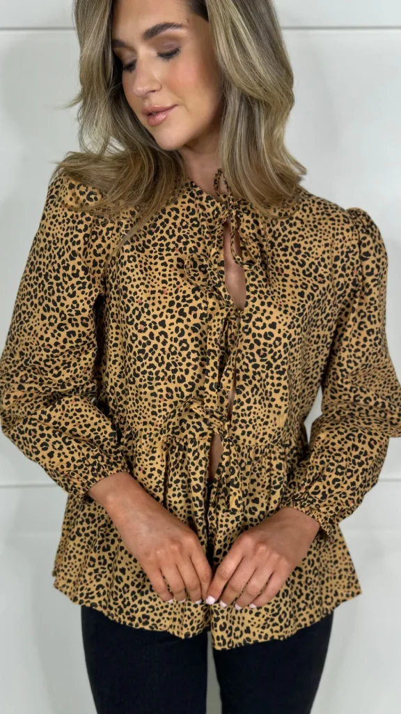 PARIS FASHION SHOPS Tops^Penny Beige & Black Leopard Printed Tie Detail Top