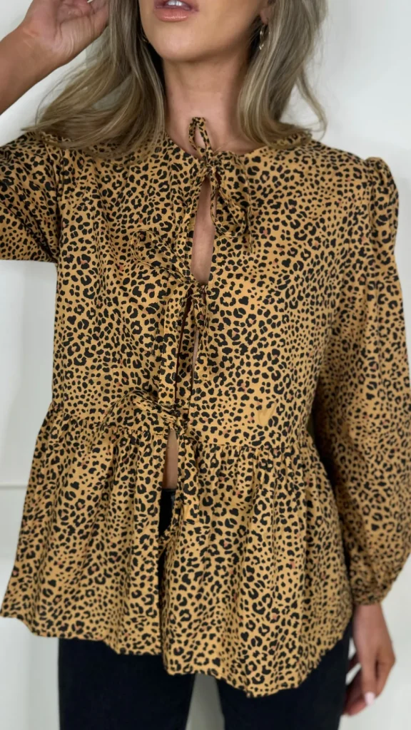 PARIS FASHION SHOPS Tops^Penny Beige & Black Leopard Printed Tie Detail Top