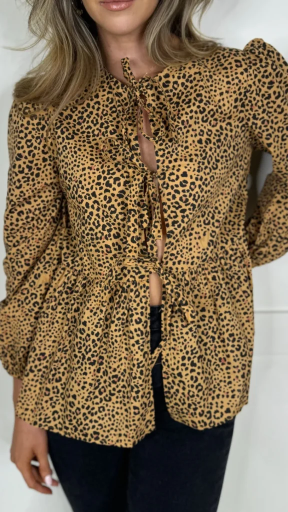 PARIS FASHION SHOPS Tops^Penny Beige & Black Leopard Printed Tie Detail Top