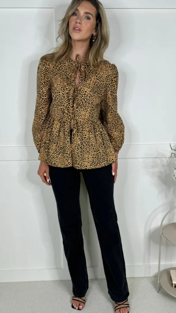 PARIS FASHION SHOPS Tops^Penny Beige & Black Leopard Printed Tie Detail Top