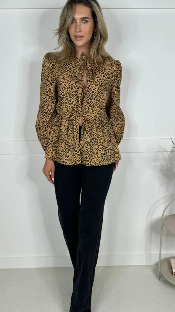 PARIS FASHION SHOPS Tops^Penny Beige & Black Leopard Printed Tie Detail Top