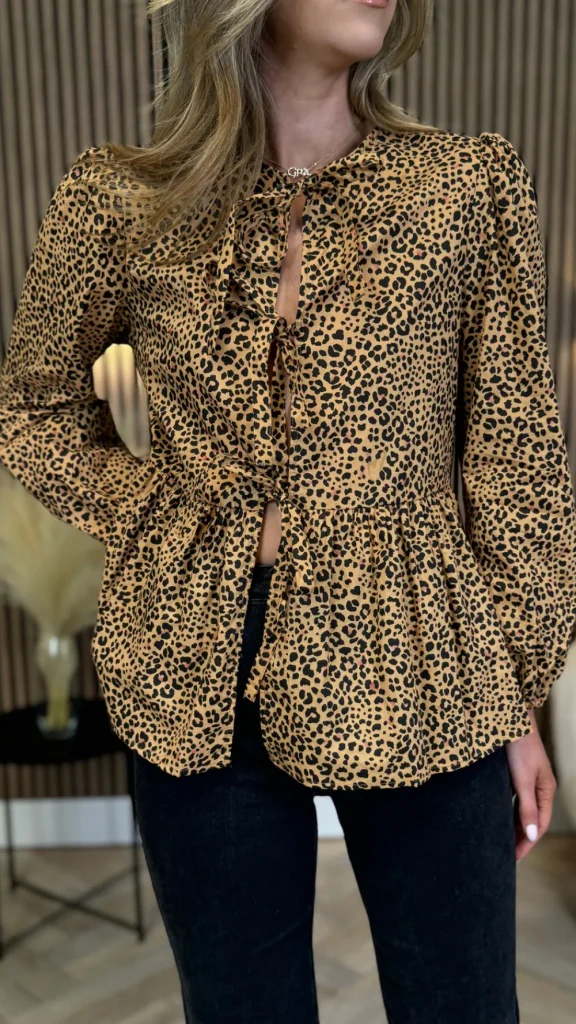 PARIS FASHION SHOPS Tops^Penny Beige & Black Leopard Printed Tie Detail Top