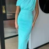 AX PARIS Fitted Dresses | Going Out Dresses^Presley Aqua Off The Shoulder Draped Top Midi Dress