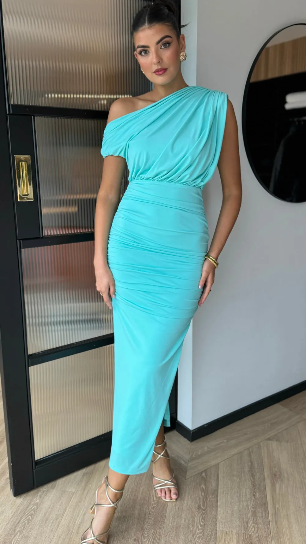 presley_aqua_off_the_shou_0.webp AX PARIS Fitted Dresses | Going Out Dresses^Presley Aqua Off The Shoulder Draped Top Midi Dress
