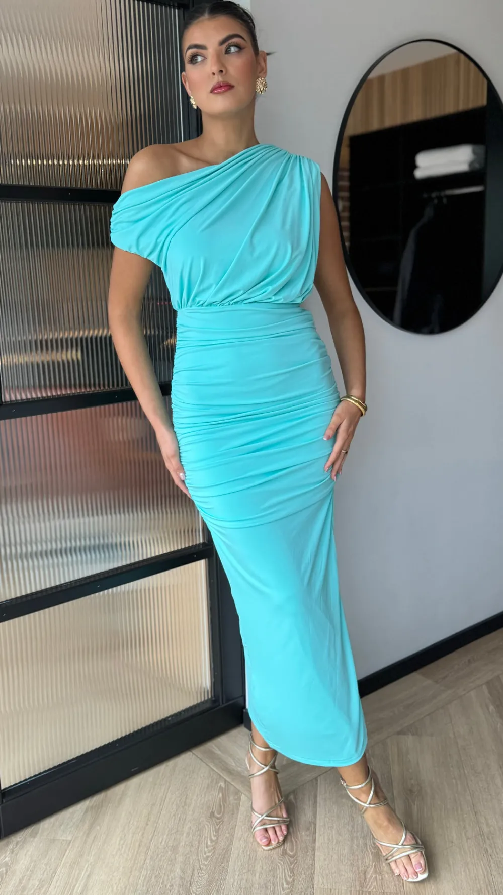 presley_aqua_off_the_shou_4.webp AX PARIS Fitted Dresses | Going Out Dresses^Presley Aqua Off The Shoulder Draped Top Midi Dress