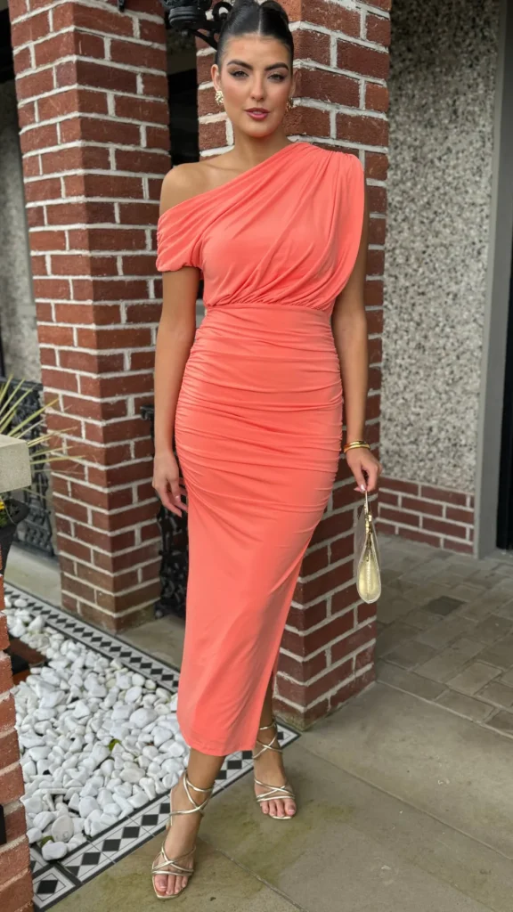 AX PARIS Fitted Dresses | Going Out Dresses^Presley Peach Off The Shoulder Draped Top Midi Dress