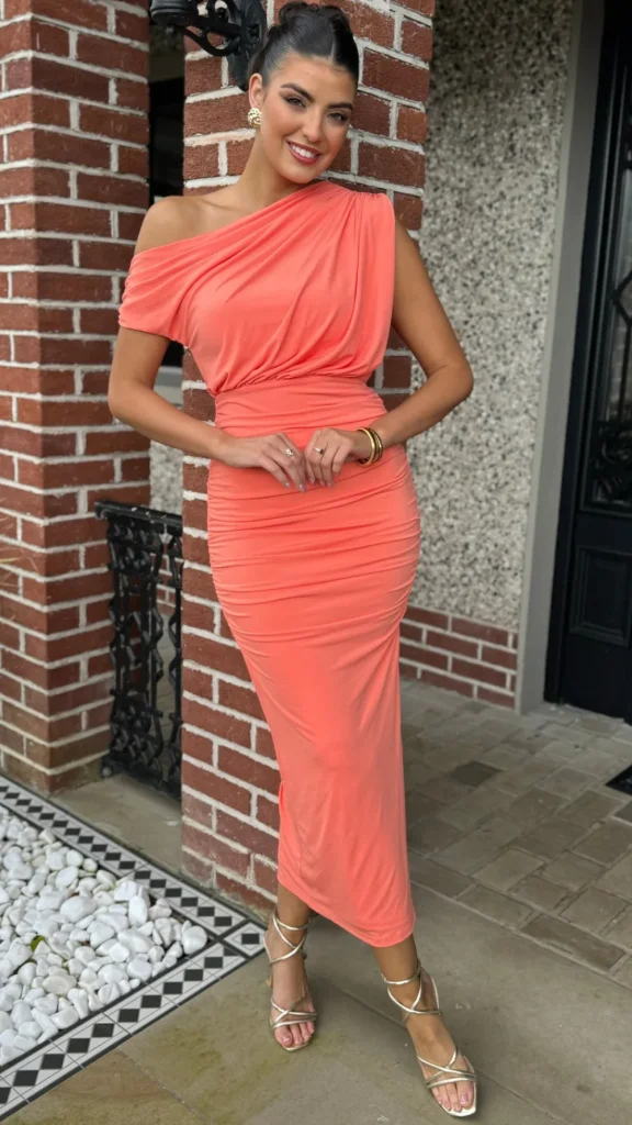 AX PARIS Fitted Dresses | Going Out Dresses^Presley Peach Off The Shoulder Draped Top Midi Dress