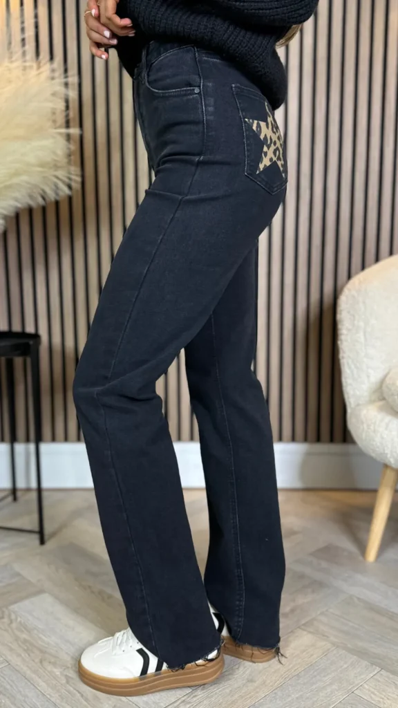 REDIAL Jeans^Quest Black Straight Leg Frayed Hem Pocket Detail Jeans