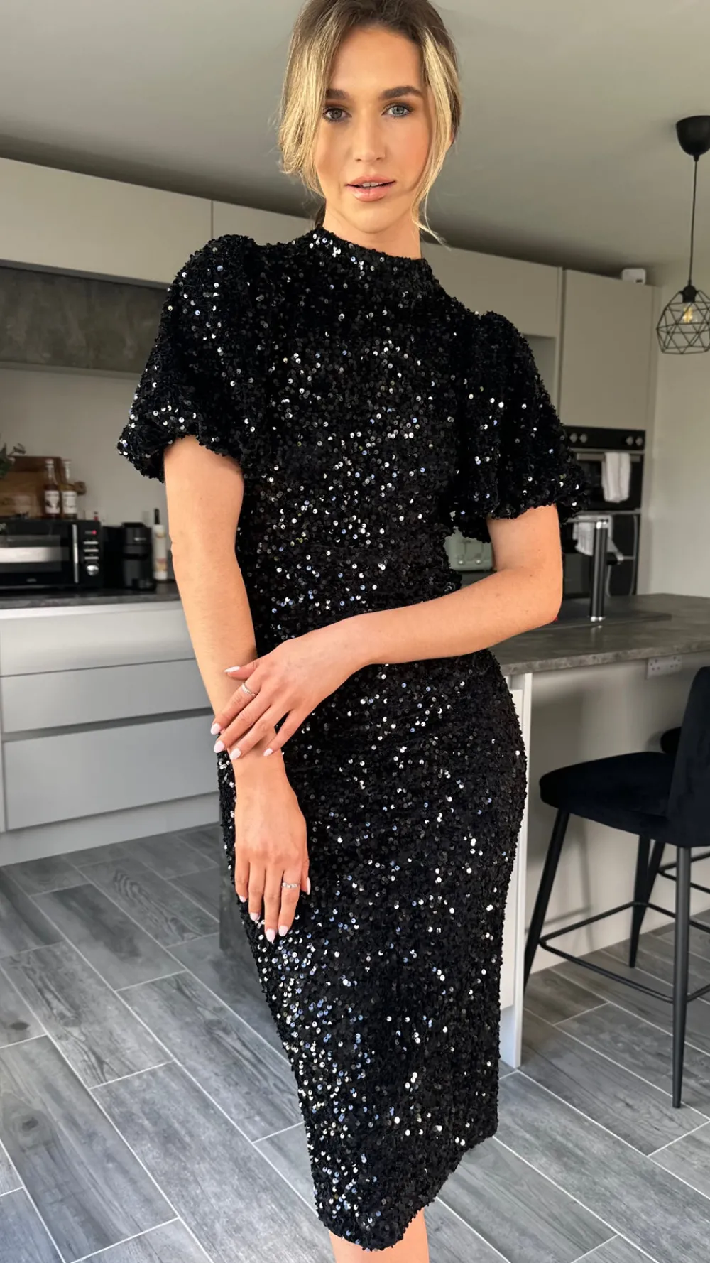 rachelle_black_sequin_bow_2.webp VERA LUCY Fitted Dresses | Going Out Dresses^Rachelle Black Sequin Bow Back Detail Midi Dress
