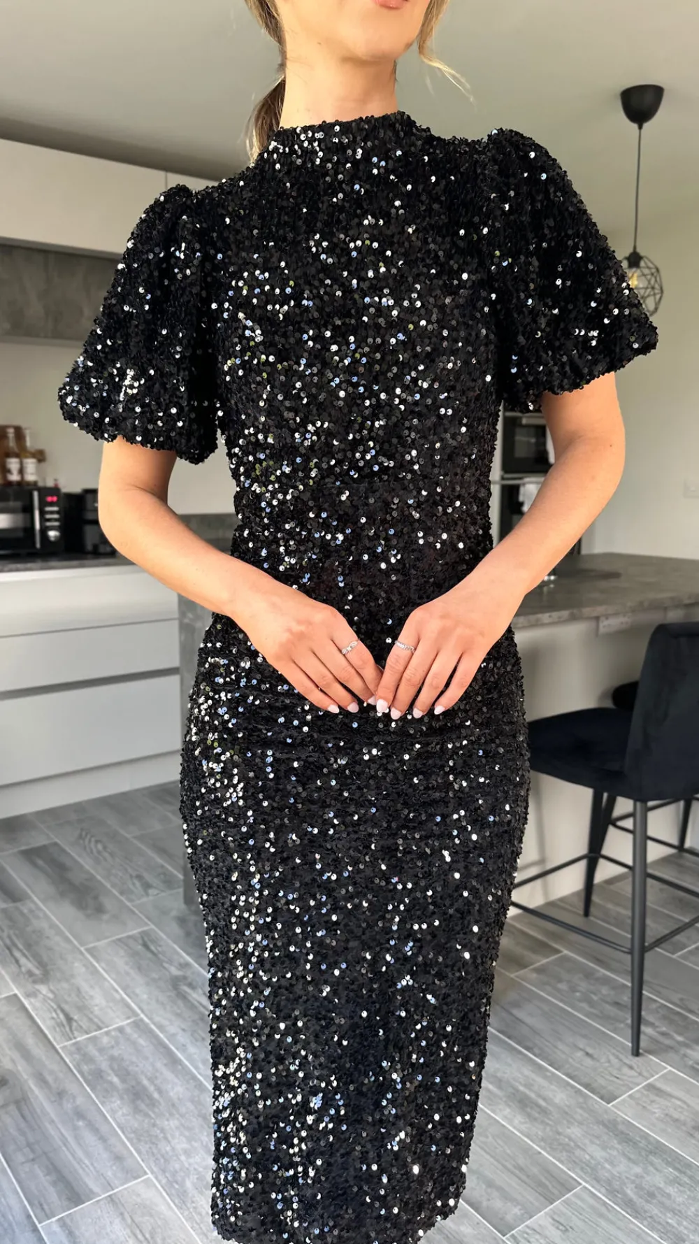 rachelle_black_sequin_bow_5.webp VERA LUCY Fitted Dresses | Going Out Dresses^Rachelle Black Sequin Bow Back Detail Midi Dress