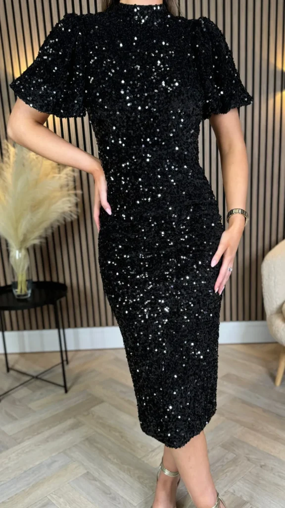 VERA LUCY Fitted Dresses | Going Out Dresses^Rachelle Black Sequin Bow Back Detail Midi Dress