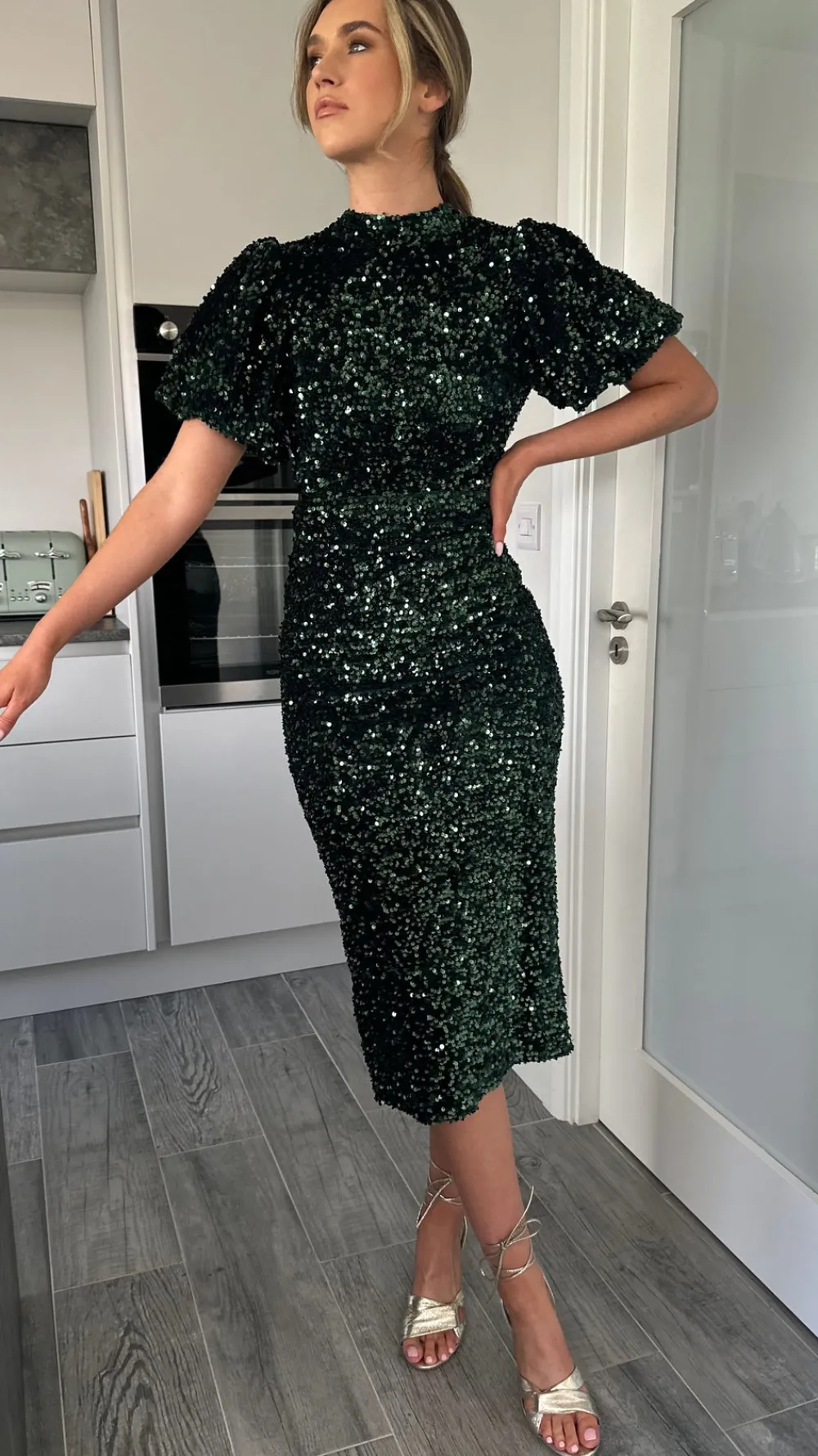 rachelle_green_sequin_bow_0.webp VERA LUCY Fitted Dresses | Going Out Dresses^Rachelle Green Sequin Bow Back Detail Midi Dress