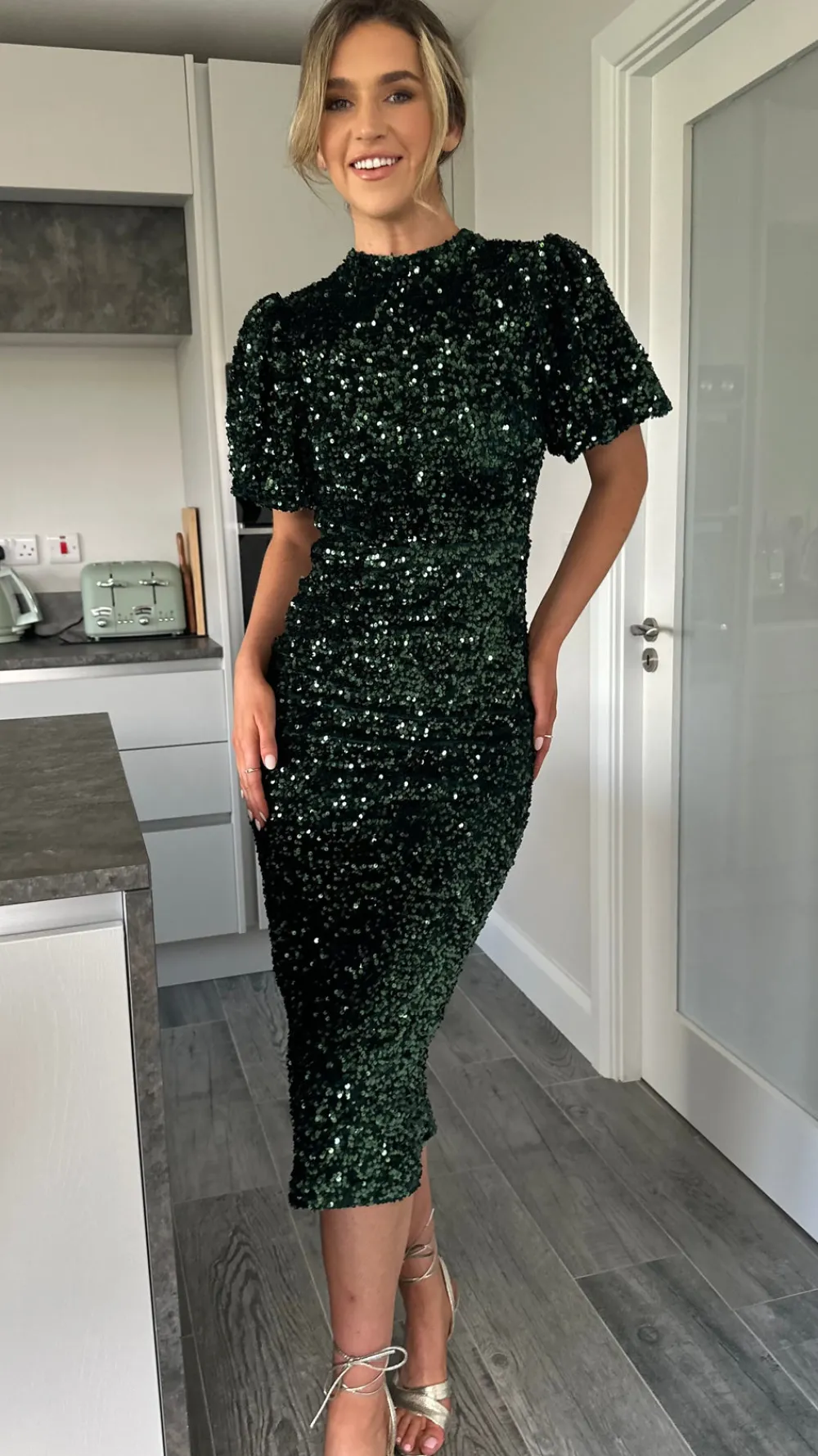 rachelle_green_sequin_bow_1.webp VERA LUCY Fitted Dresses | Going Out Dresses^Rachelle Green Sequin Bow Back Detail Midi Dress