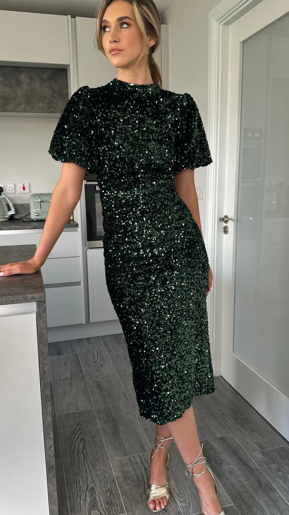 rachelle_green_sequin_bow_4.webp VERA LUCY Fitted Dresses | Going Out Dresses^Rachelle Green Sequin Bow Back Detail Midi Dress