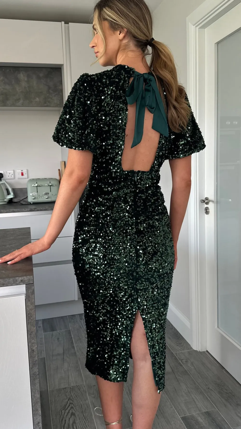rachelle_green_sequin_bow_7.webp VERA LUCY Fitted Dresses | Going Out Dresses^Rachelle Green Sequin Bow Back Detail Midi Dress