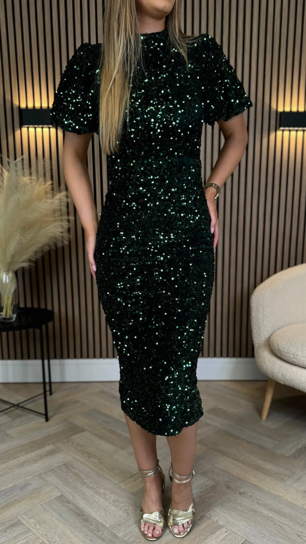 rachelle_green_sequin_bow_8.webp VERA LUCY Fitted Dresses | Going Out Dresses^Rachelle Green Sequin Bow Back Detail Midi Dress
