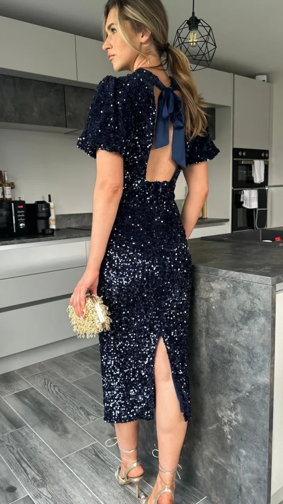 VERA LUCY Fitted Dresses | Going Out Dresses^Rachelle Navy Sequin Bow Back Detail Midi Dress