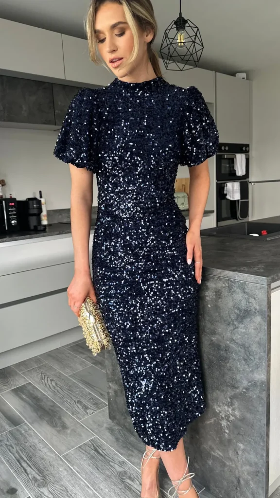 VERA LUCY Fitted Dresses | Going Out Dresses^Rachelle Navy Sequin Bow Back Detail Midi Dress