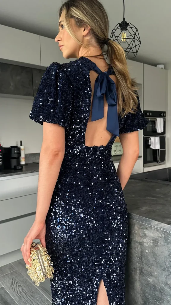 VERA LUCY Fitted Dresses | Going Out Dresses^Rachelle Navy Sequin Bow Back Detail Midi Dress