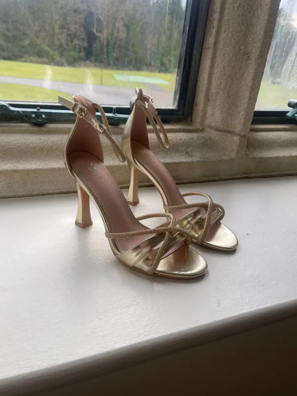 JOIA Heels^Raelle Gold Diamante Strappy Stiletto Sandals