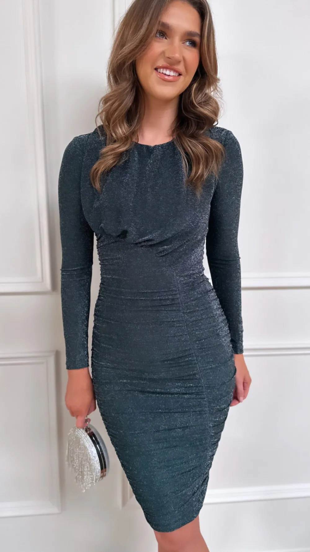 ramsey_teal_glitter_long__2.webp AX PARIS Fitted Dresses | Going Out Dresses^Ramsey Teal Glitter Long Sleeve Ruched Bodycon Midi Dress