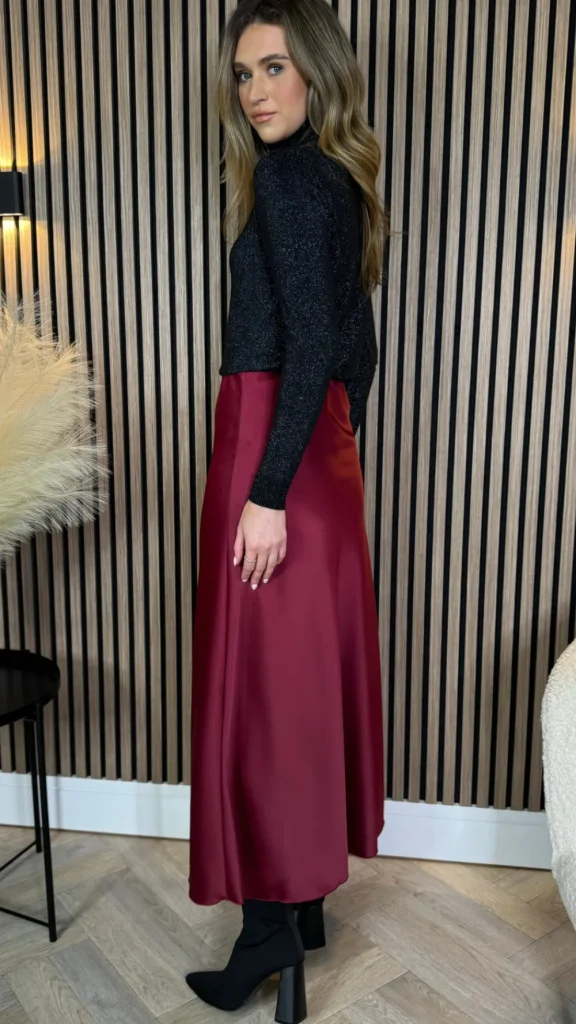 LORAINE Skirts & Shorts^Raquel Burgundy Satin Slip Skirt