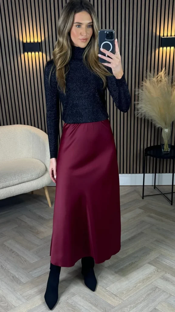 LORAINE Skirts & Shorts^Raquel Burgundy Satin Slip Skirt