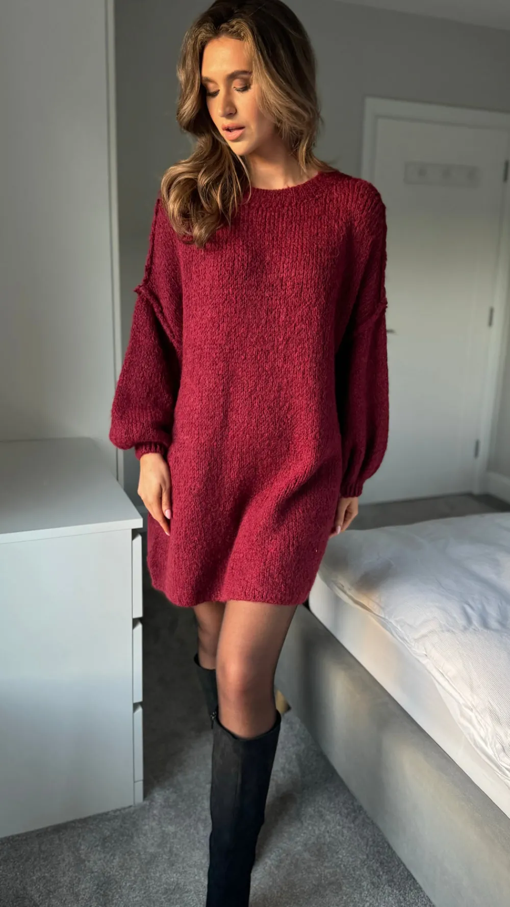 renae_burgundy_chunky_kni_3.webp LOVIKA Knitwear | Day Dresses^Renae Burgundy Chunky Knit Jumper Dress
