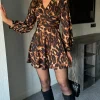 GIRL IN MIND Day Dresses | Going Out Dresses^Rhona Beige & Black Abstract Wrap Detail Skater Mini Dress
