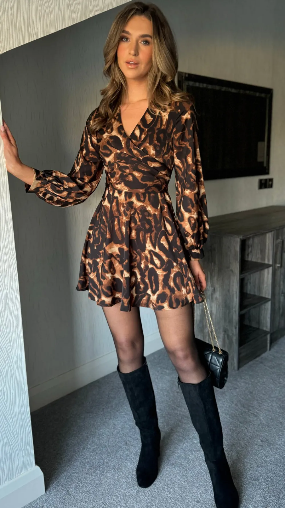 rhona_beige_amp_black_abs_0.webp GIRL IN MIND Day Dresses | Going Out Dresses^Rhona Beige & Black Abstract Wrap Detail Skater Mini Dress