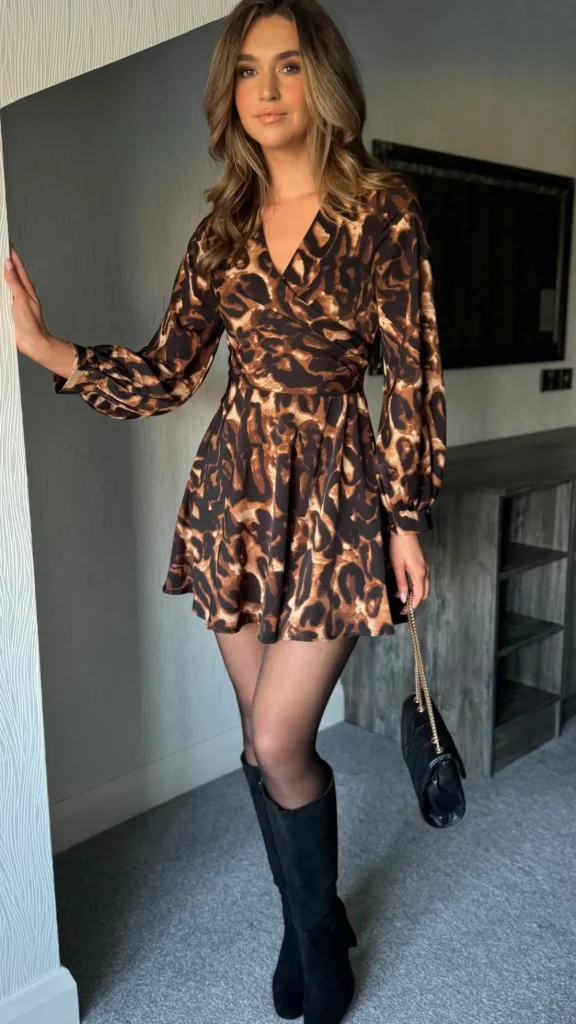 GIRL IN MIND Day Dresses | Going Out Dresses^Rhona Beige & Black Abstract Wrap Detail Skater Mini Dress