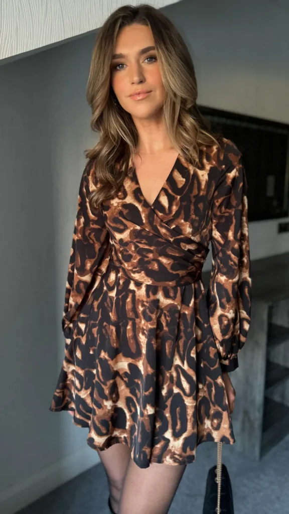 GIRL IN MIND Day Dresses | Going Out Dresses^Rhona Beige & Black Abstract Wrap Detail Skater Mini Dress
