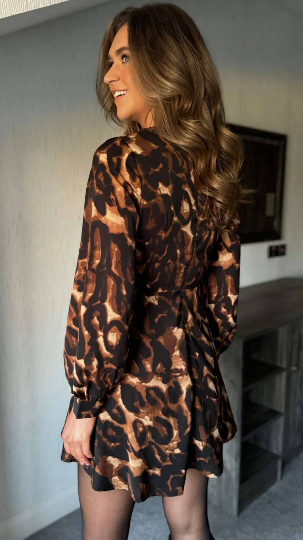 rhona_beige_amp_black_abs_5.webp GIRL IN MIND Day Dresses | Going Out Dresses^Rhona Beige & Black Abstract Wrap Detail Skater Mini Dress