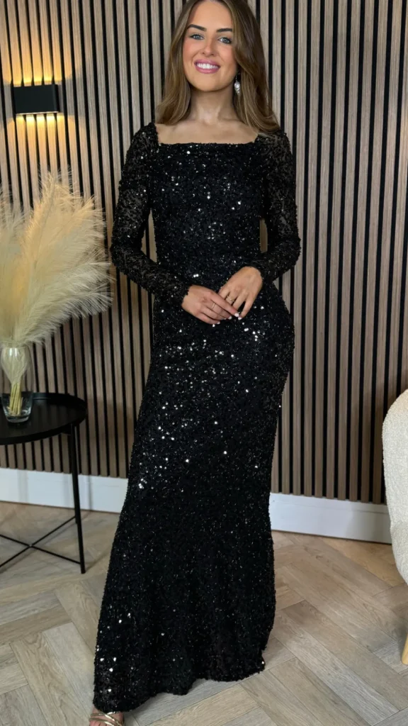 VERA LUCY Fitted Dresses | Going Out Dresses^Rio Black Sequin Detail Off Shoulder Long Sleeve Maxi Dress