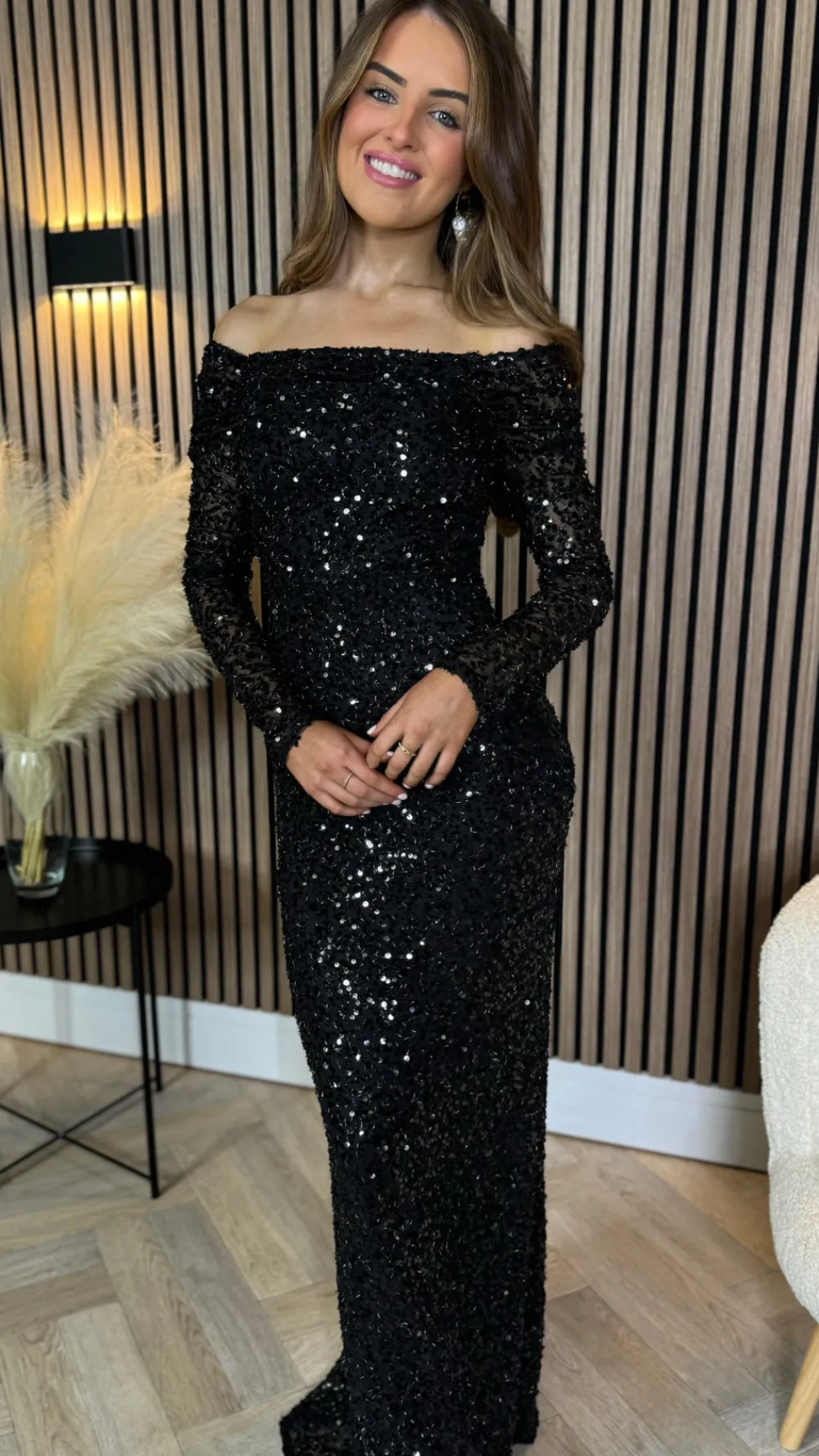 rio_black_sequin_detail_o_6.webp VERA LUCY Fitted Dresses | Going Out Dresses^Rio Black Sequin Detail Off Shoulder Long Sleeve Maxi Dress