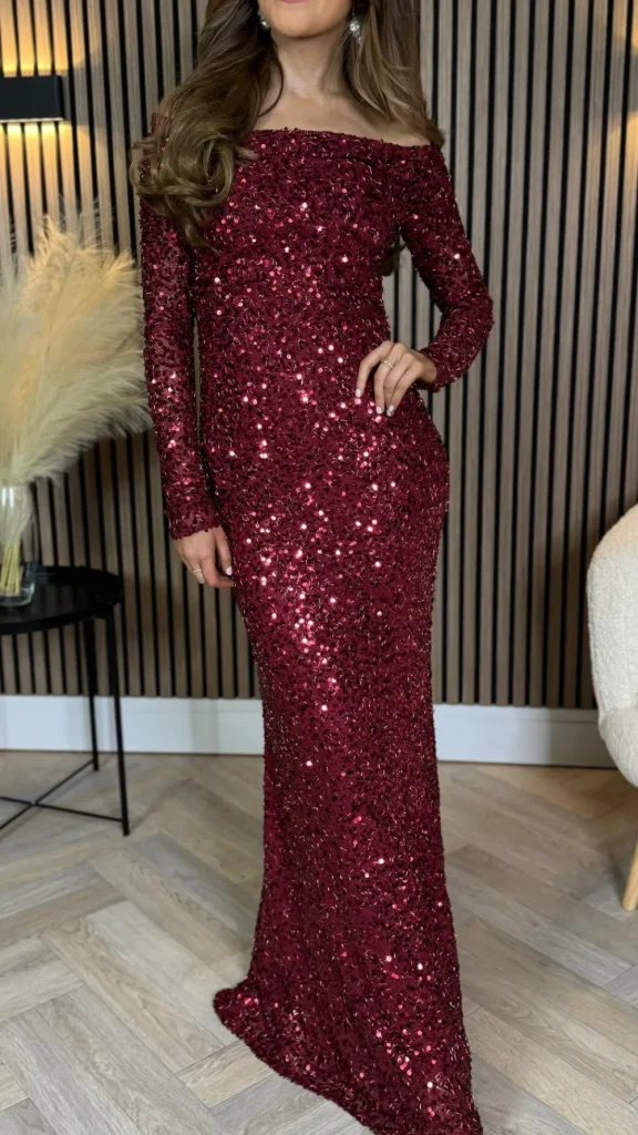 VERA LUCY Fitted Dresses | Going Out Dresses^Rio Red Sequin Detail Off Shoulder Long Sleeve Maxi Dress
