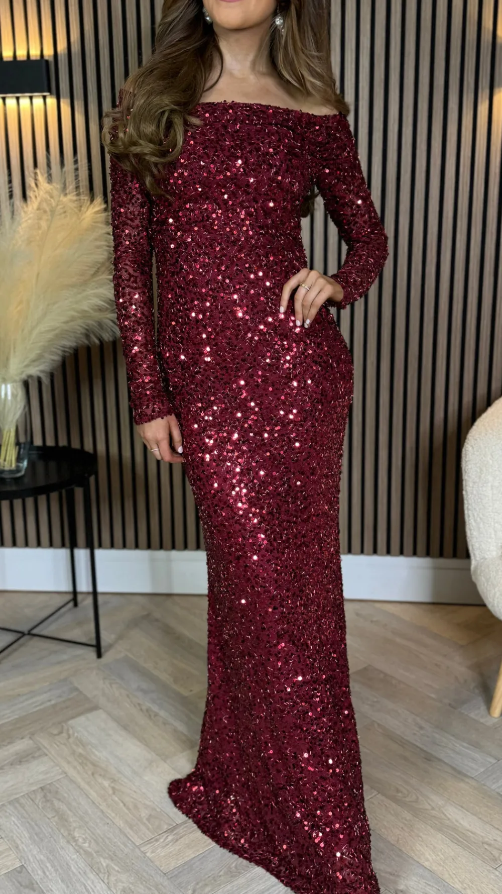 rio_red_sequin_detail_off_0.webp VERA LUCY Fitted Dresses | Going Out Dresses^Rio Red Sequin Detail Off Shoulder Long Sleeve Maxi Dress