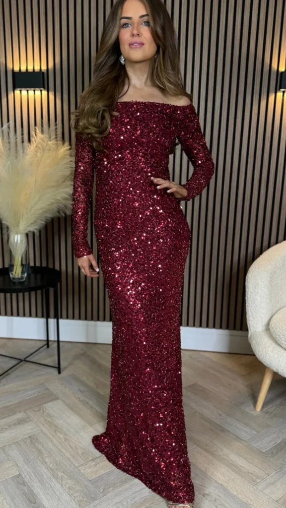 VERA LUCY Fitted Dresses | Going Out Dresses^Rio Red Sequin Detail Off Shoulder Long Sleeve Maxi Dress