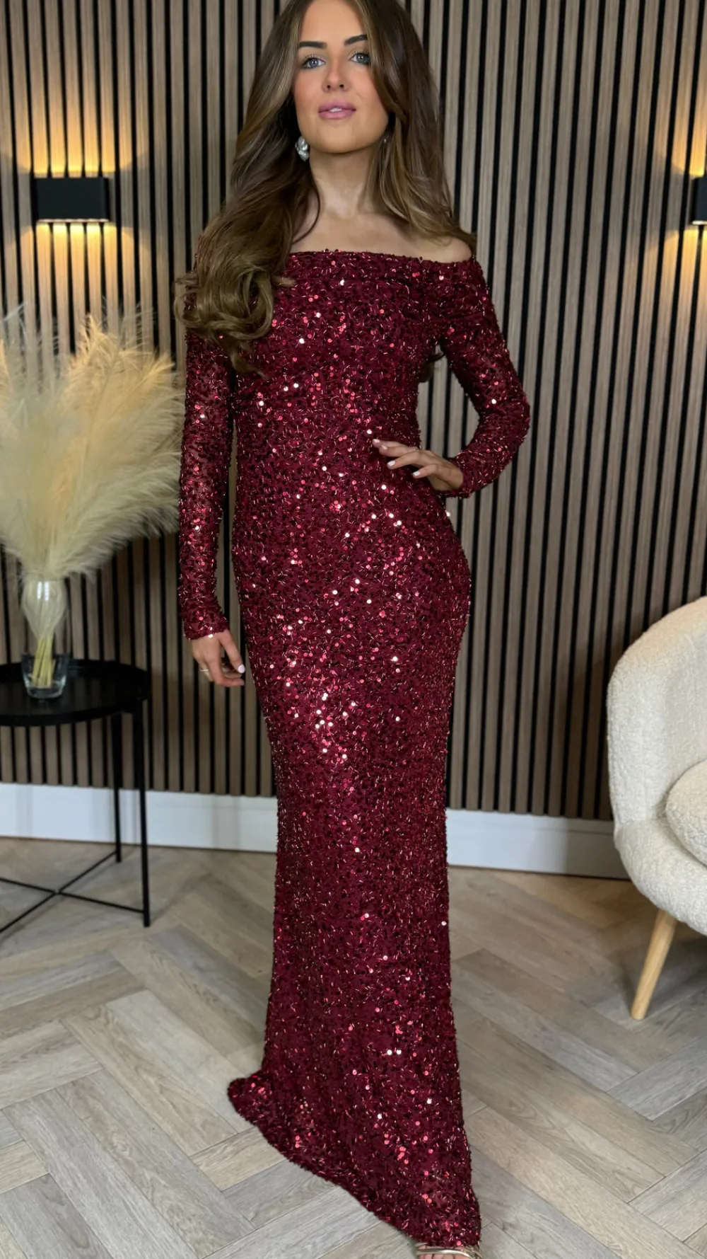 rio_red_sequin_detail_off_2.webp VERA LUCY Fitted Dresses | Going Out Dresses^Rio Red Sequin Detail Off Shoulder Long Sleeve Maxi Dress
