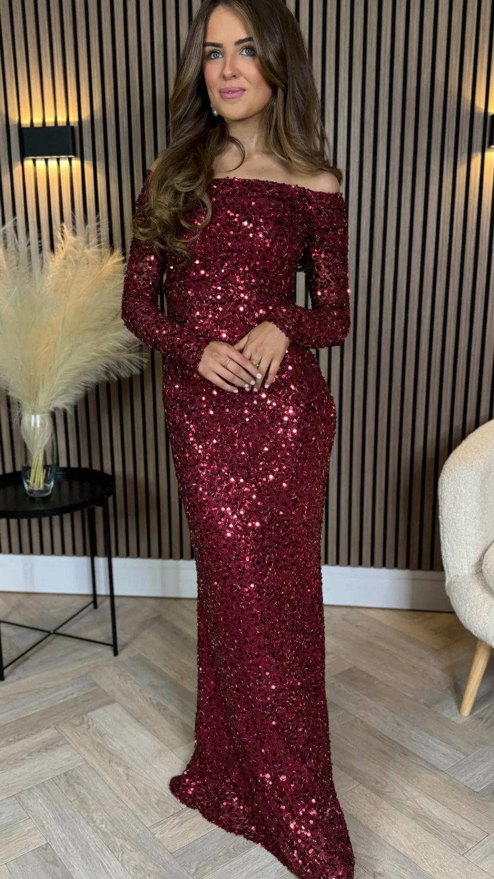 rio_red_sequin_detail_off_3.webp VERA LUCY Fitted Dresses | Going Out Dresses^Rio Red Sequin Detail Off Shoulder Long Sleeve Maxi Dress