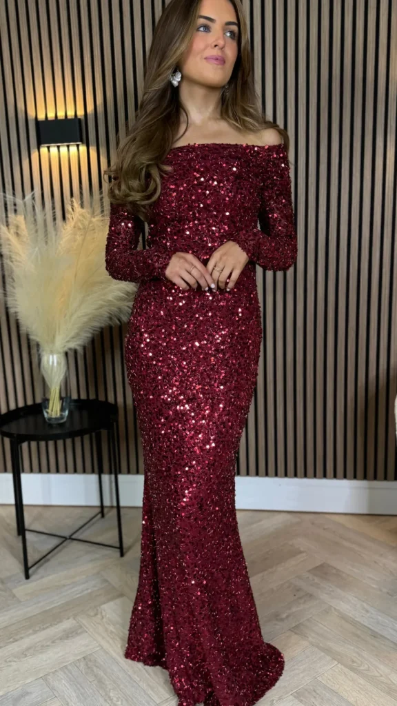 VERA LUCY Fitted Dresses | Going Out Dresses^Rio Red Sequin Detail Off Shoulder Long Sleeve Maxi Dress