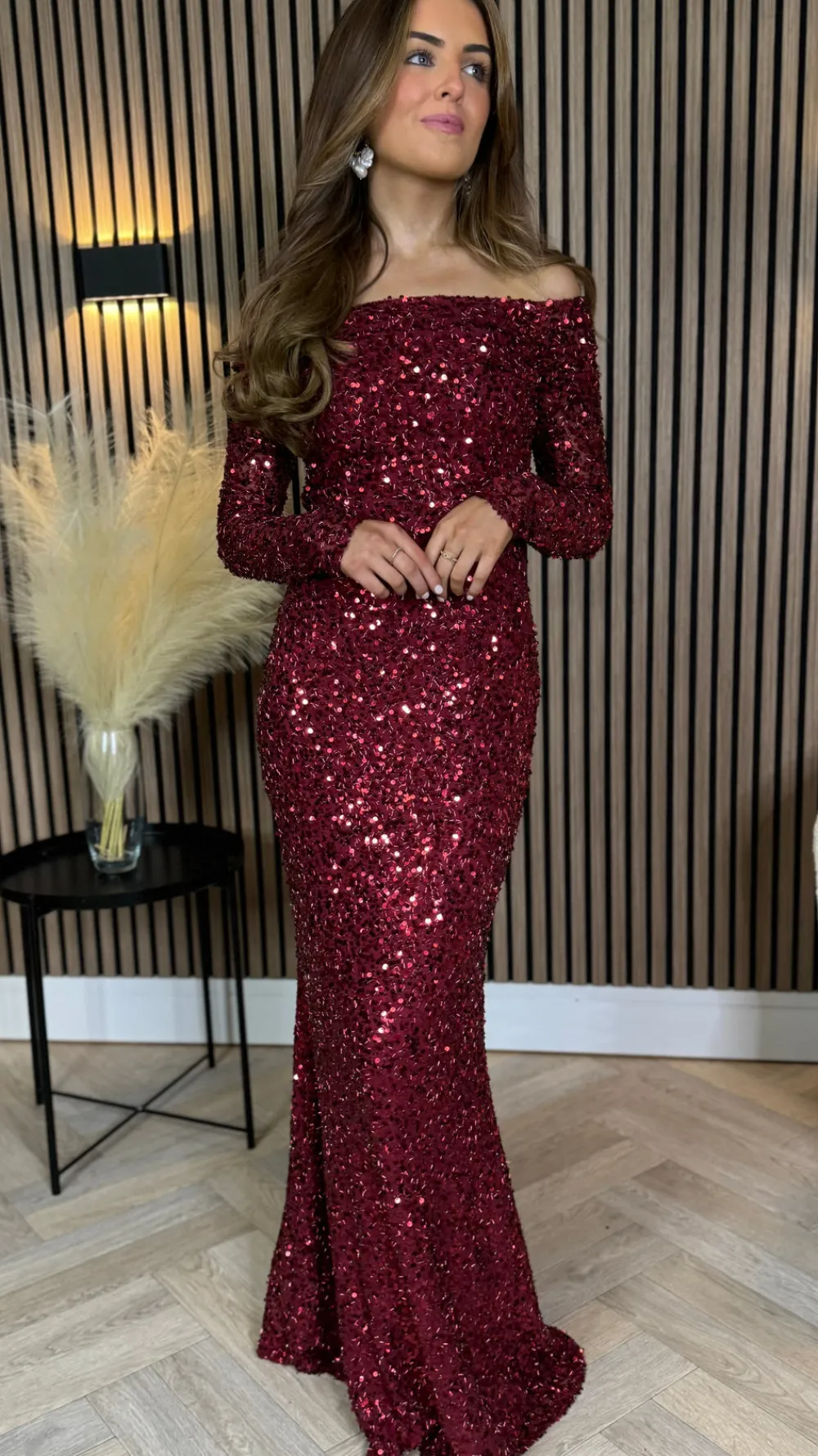 rio_red_sequin_detail_off_4.webp VERA LUCY Fitted Dresses | Going Out Dresses^Rio Red Sequin Detail Off Shoulder Long Sleeve Maxi Dress