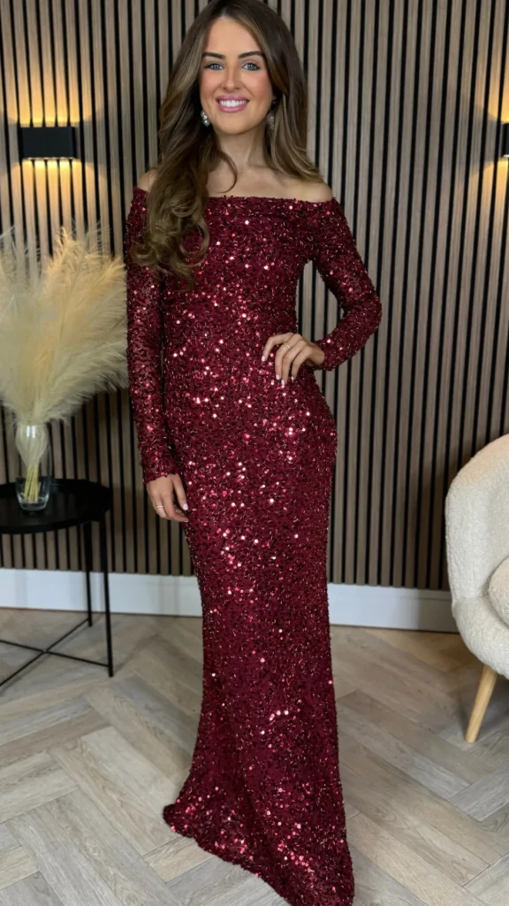 VERA LUCY Fitted Dresses | Going Out Dresses^Rio Red Sequin Detail Off Shoulder Long Sleeve Maxi Dress
