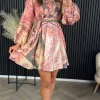 TIMELY Going Out Dresses | Occasion Dresses^Riona Pink & Green Printed Wrap Style Mini Dress