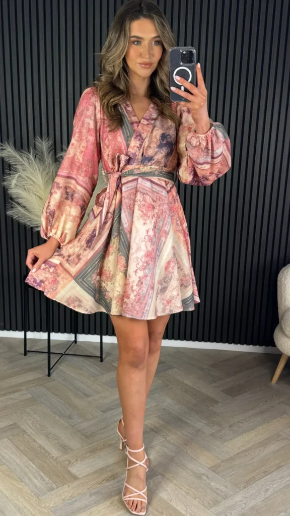 TIMELY Going Out Dresses | Occasion Dresses^Riona Pink & Green Printed Wrap Style Mini Dress