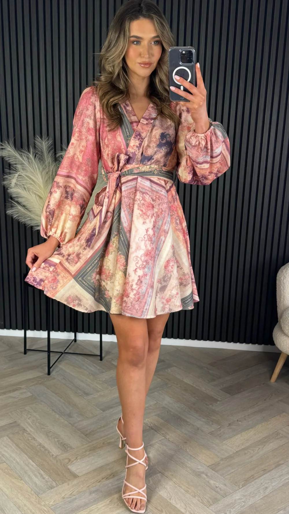 riona_pink_amp_green_prin_0.webp TIMELY Going Out Dresses | Occasion Dresses^Riona Pink & Green Printed Wrap Style Mini Dress