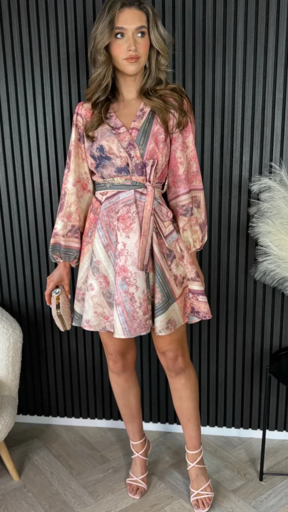 TIMELY Going Out Dresses | Occasion Dresses^Riona Pink & Green Printed Wrap Style Mini Dress