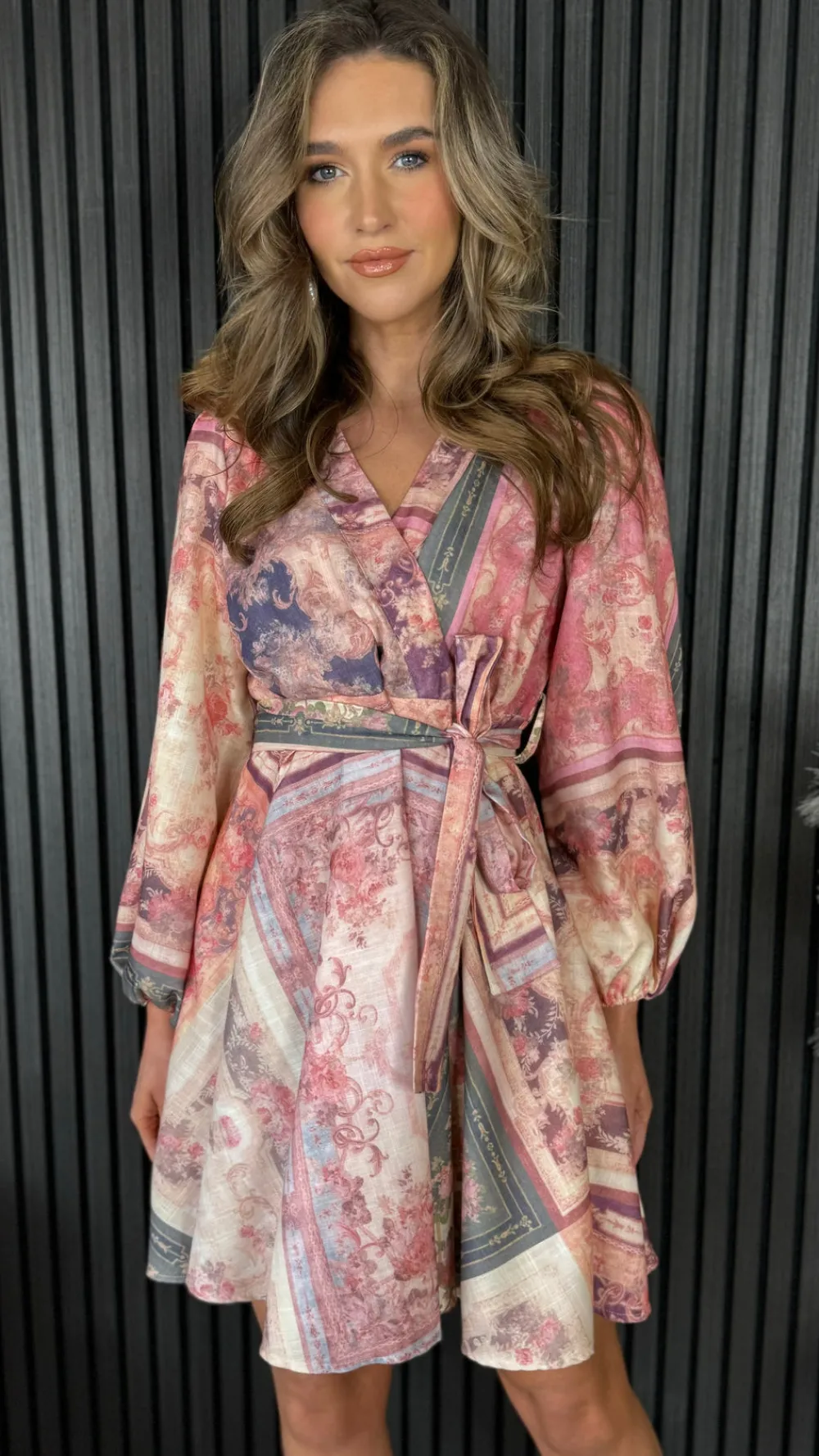 riona_pink_amp_green_prin_5.webp TIMELY Going Out Dresses | Occasion Dresses^Riona Pink & Green Printed Wrap Style Mini Dress