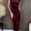 LORIANE Going Out Dresses | Occasion Dresses^Rosalia Burgundy High Neck Velvet Finish Sleeveless Midi Dress