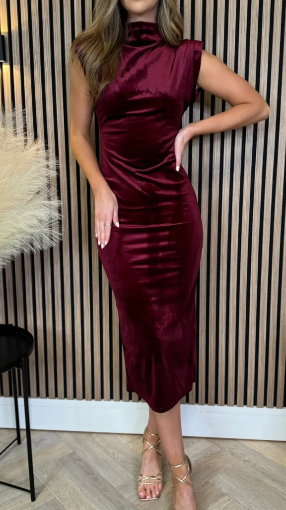 LORIANE Going Out Dresses | Occasion Dresses^Rosalia Burgundy High Neck Velvet Finish Sleeveless Midi Dress